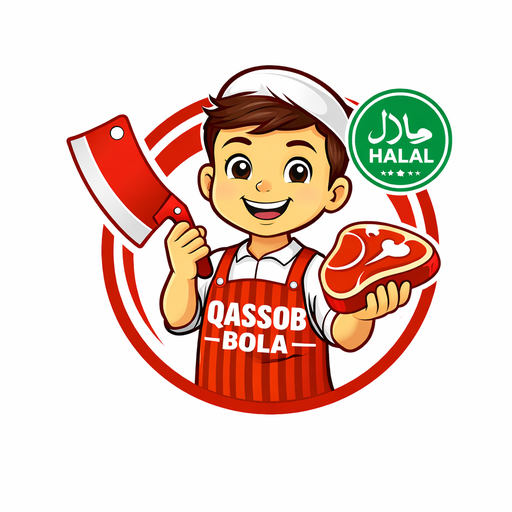 Qassob Bola mascot with a green halal badge